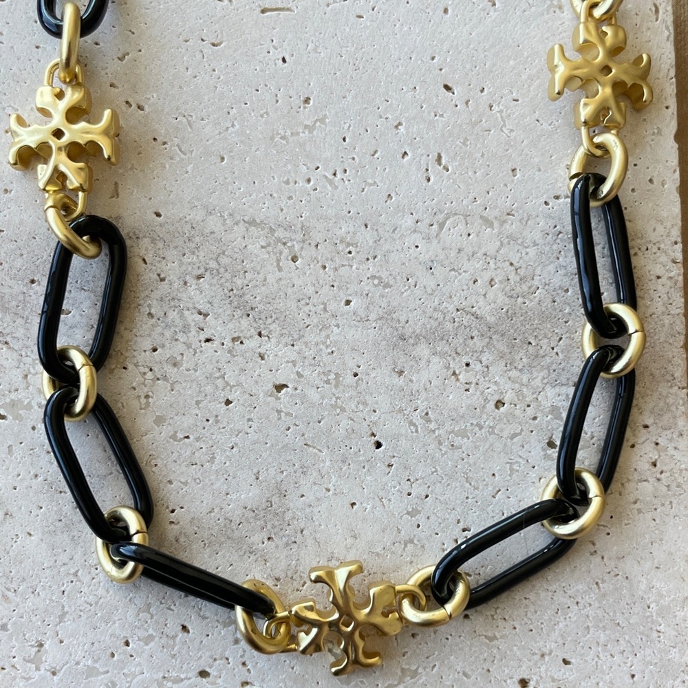 Tory Burch Black and Gold Logo Link Necklace